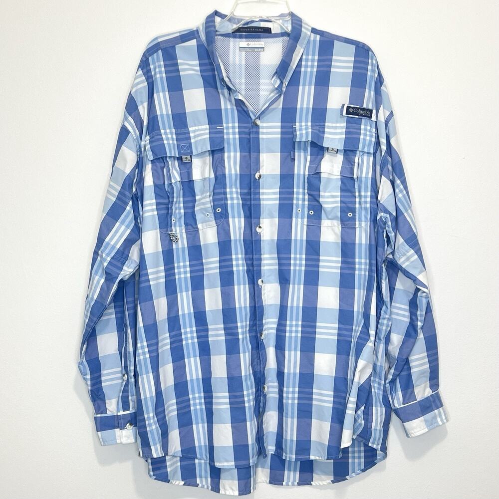 Columbia PFG Super Bahama Men’s XXL Blue Plaid Omni Shade Fishing Shirt Vent